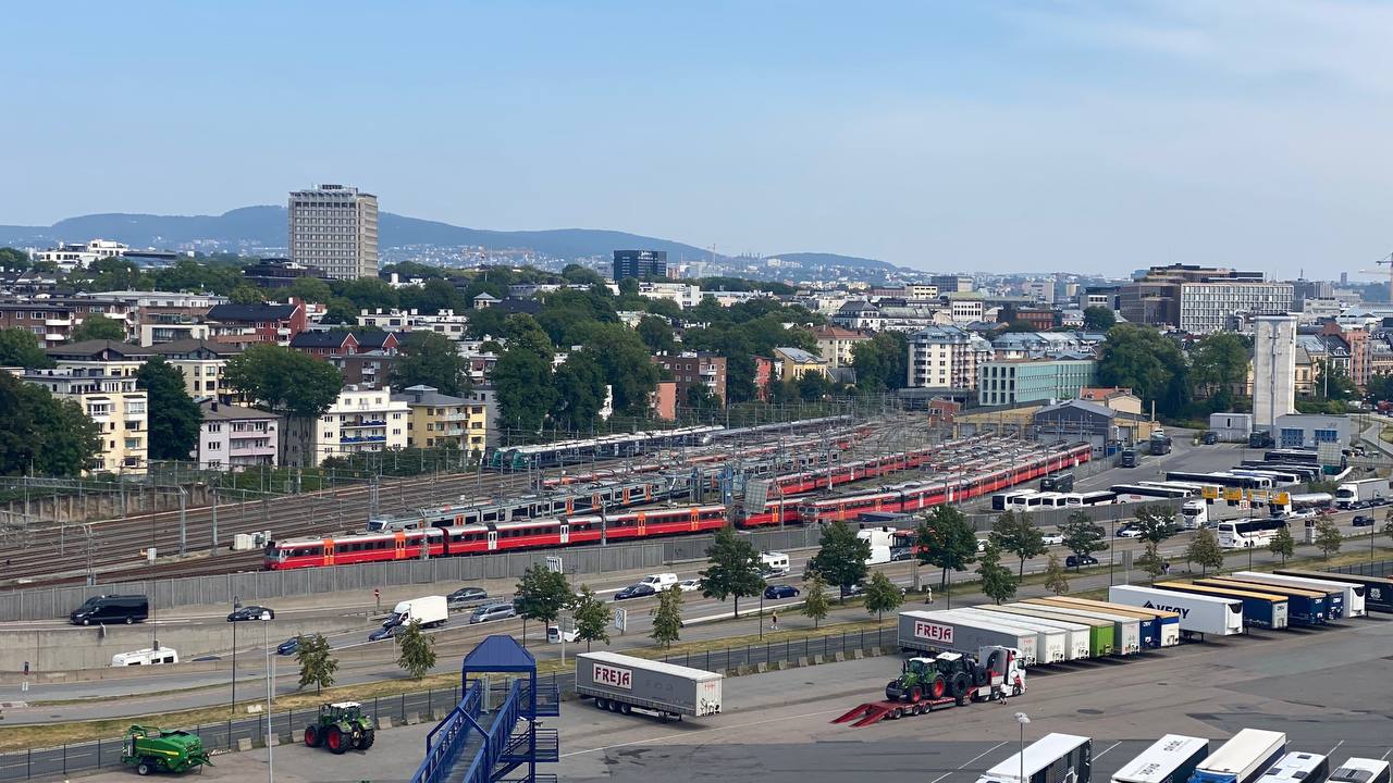 Metro trains parked in a snowy Norwegian depot